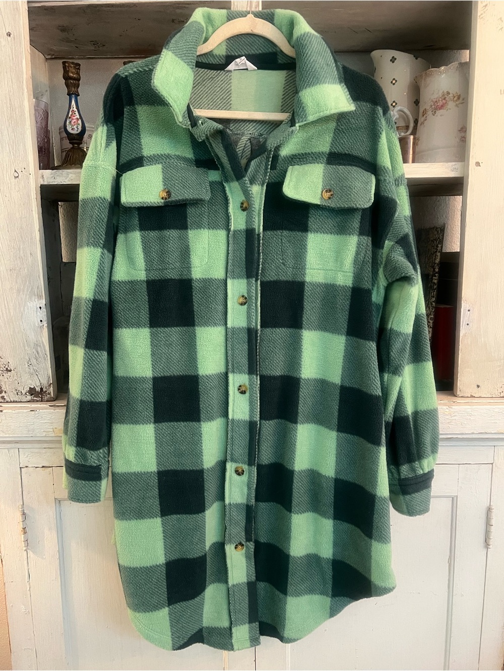 Ascot + Hart Green Plaid Teddy Jacket Shacket in Mint & Forest Green Size S NEW